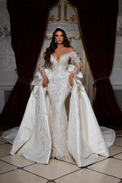 White Beaded Lace Mermaid Wedding Dress